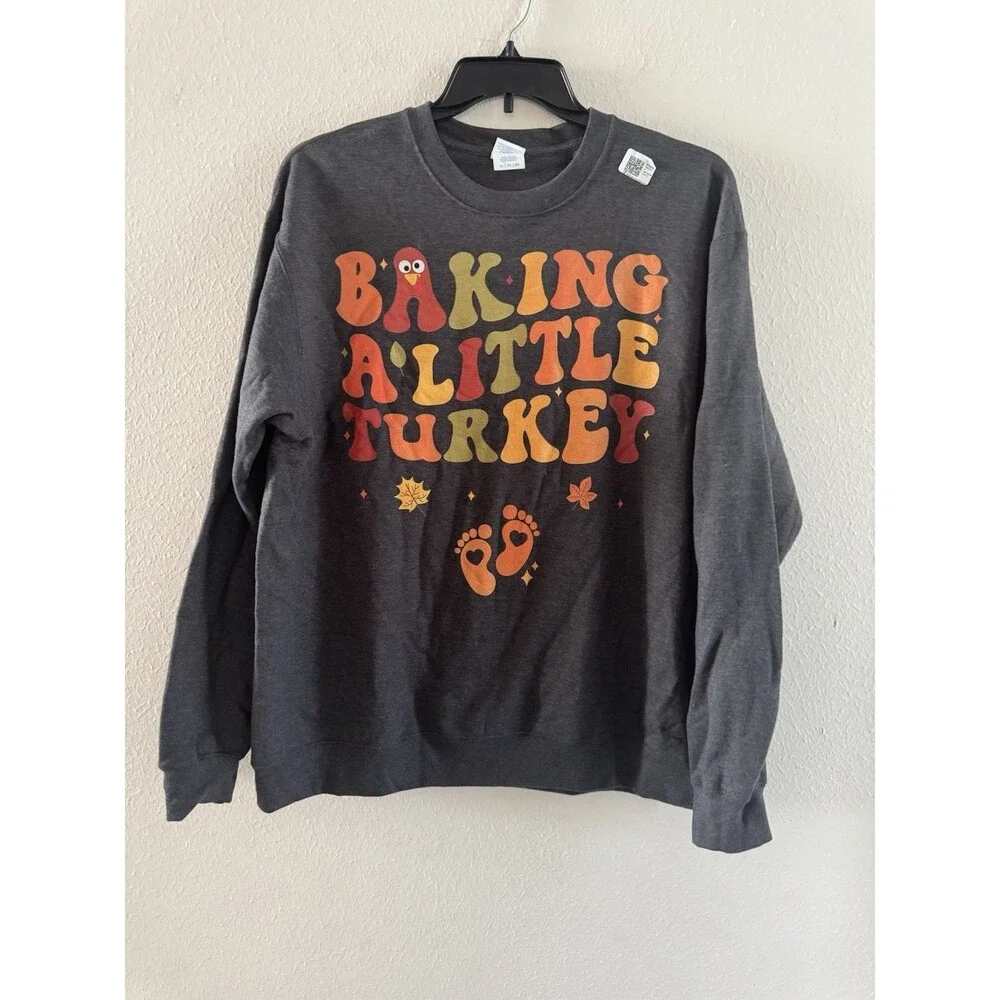 Baking a Little Turkey Thanksgiving Pregnancy Announcement Sweatshirt gray XL